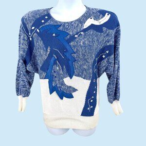 VTG PIERRE LAMONTE BLUE WHITE ABSTRACT BEAD EMBELLISHED DOLMAN SLV 80'S SWEATER